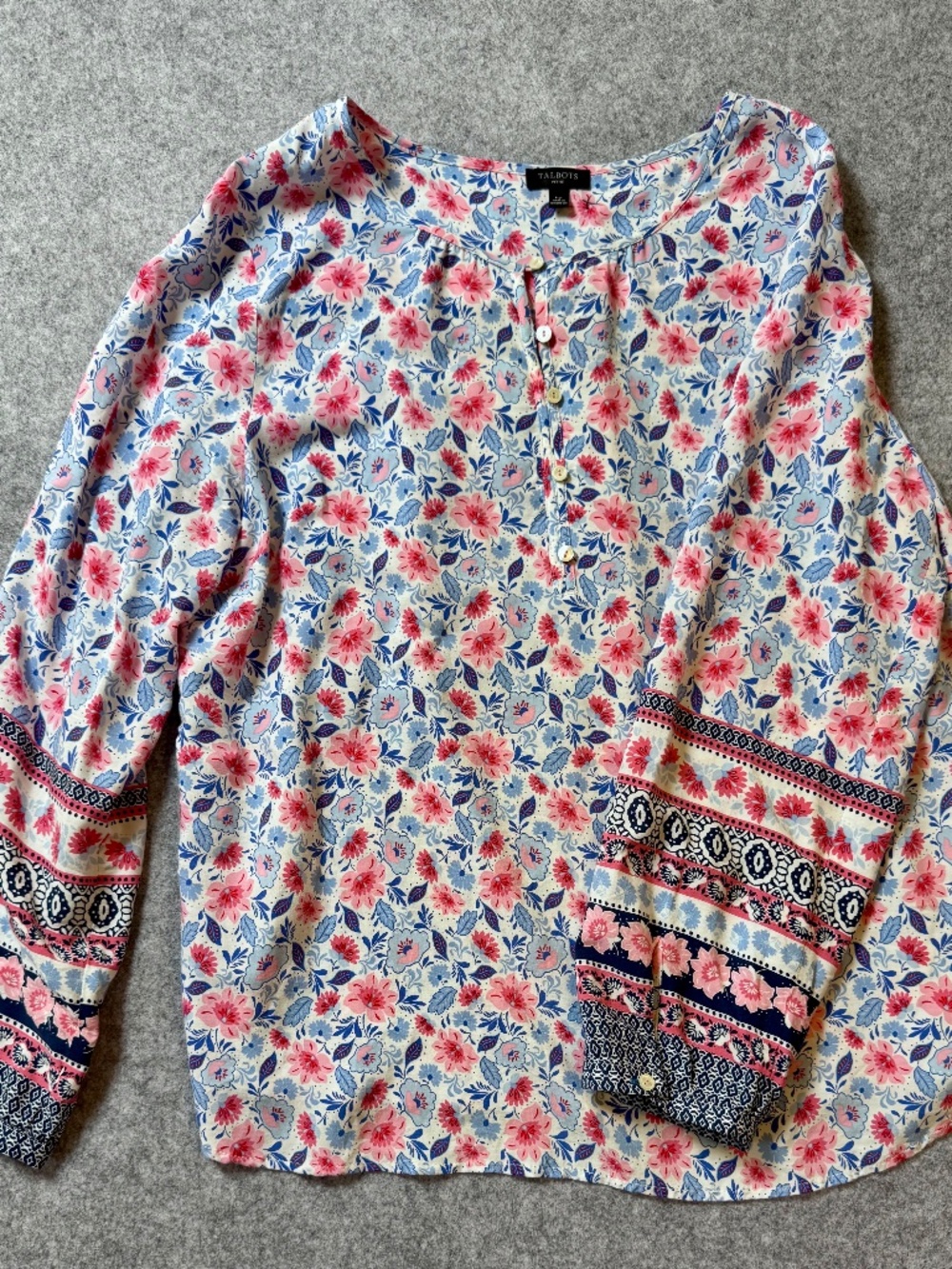 Talbots Petite Floral Rayon Blouse LP Pink Blue Boho Sleeve Detail